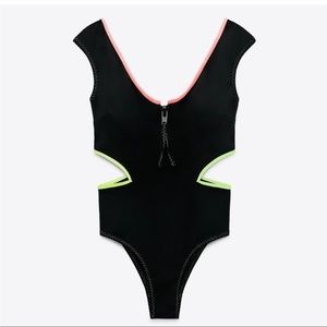 Zara Black Neon Trim Cutout One Piece Swimsuit